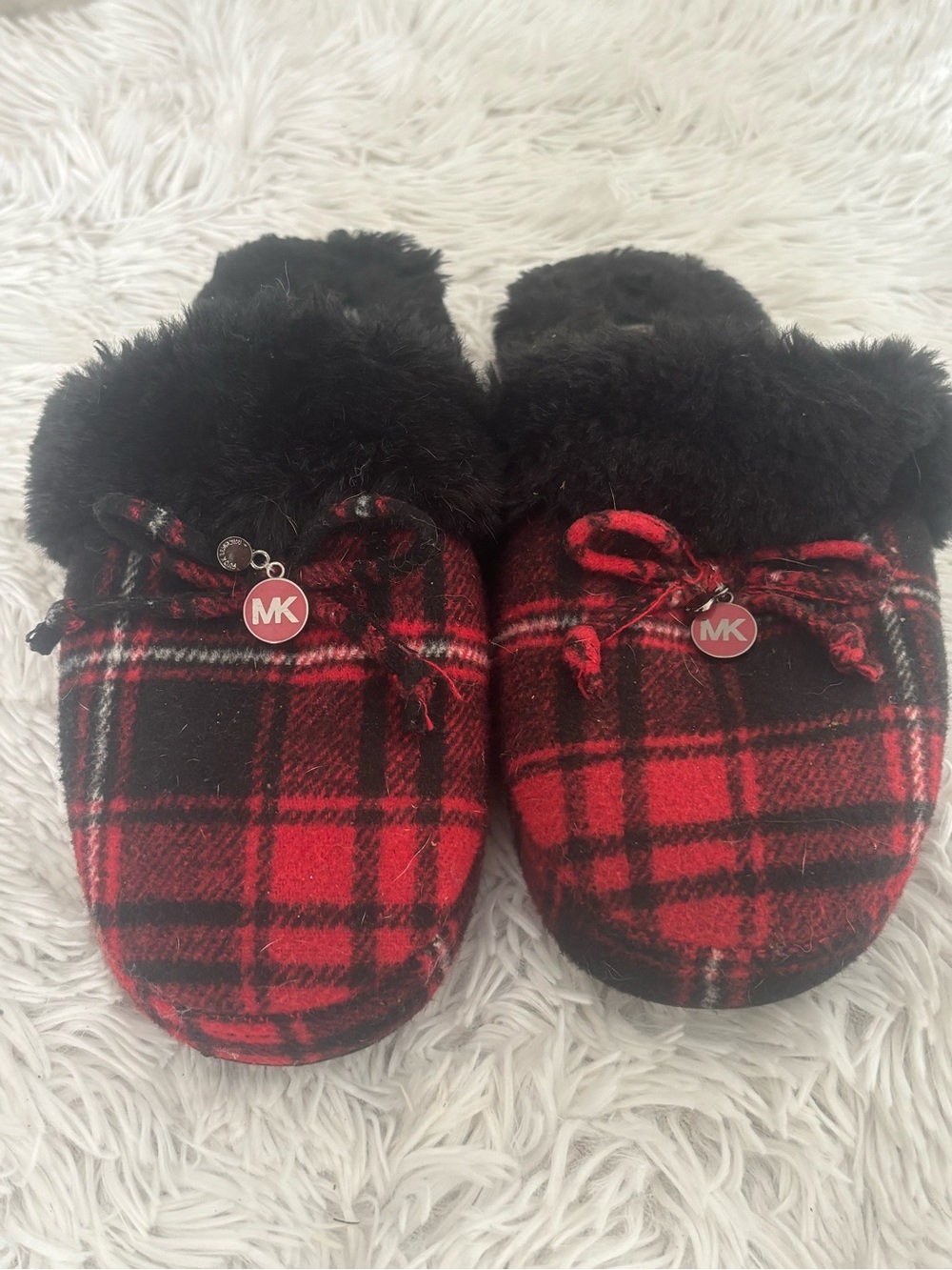 Michael Kors Red Plaid Faux-Fur Slippers size 7